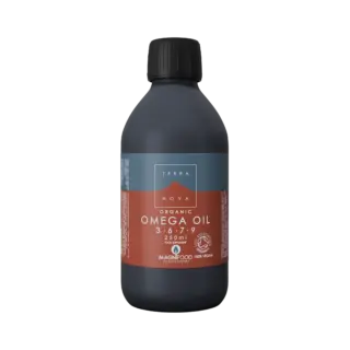 Terranova Omega Oil bottle, 250ml, organic, vegan, with red and blue label.