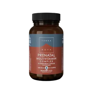 Prenatal multivitamin complex bottle, 50 vegetarian capsules, vegan, no additives.
