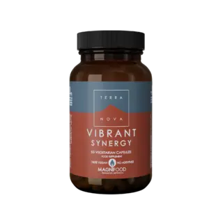 Terranova Vibrant Synergy capsules, vegan, no additives, 50 count, brown bottle with black lid.