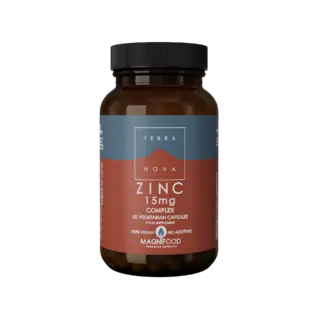 Brown bottle of Terra Nova Zinc Complex, 15mg, 50 vegetarian capsules.