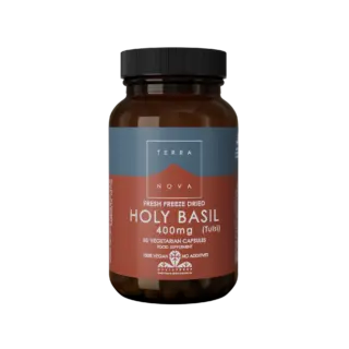 Brown bottle of Holy Basil capsules, 400mg, 50 vegetarian capsules, vegan, no additives.