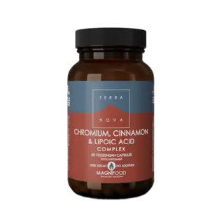 Brown bottle of Terra Nova Chromium, Cinnamon & Lipoic Acid Complex, 50 vegetarian capsules.