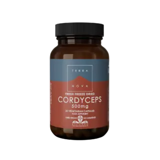 Brown bottle of Terra Nova Cordyceps 500mg, 50 vegetarian capsules.