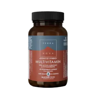 Brown bottle of Terra Nova multivitamins, 50 vegetarian capsules, vegan, no additives.