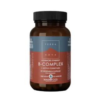 Terranova B-Complex capsules, 50 count, vegan, no additives, brown bottle with black lid.