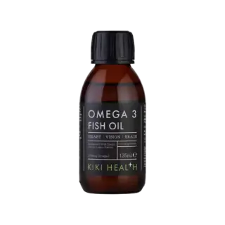 Omega 3 Fish Oil bottle, 125ml, by Kiki Health. For heart, vision, brain. Natural lemon flavour.