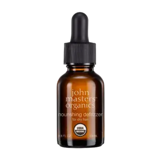 Brown bottle with dropper, labelled "John Masters Organics Nourishing Defrizzer for dry hair".