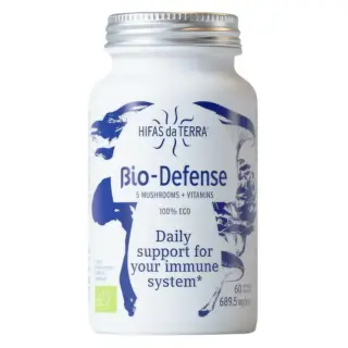 Hifas da Terra Bio-Defense supplement bottle with mushroom design. 60 capsules, 689.5 mg each.
