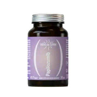 Brown bottle with purple label, "Hifas da Terra Papilozumib", 30 capsules, 673.71 mg/cap.