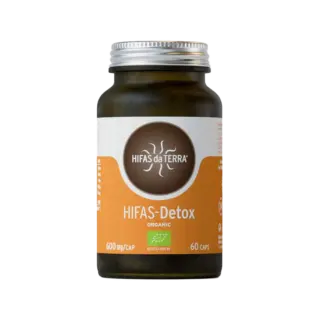 Brown bottle of Hifas da Terra HIFAS-Detox, 60 capsules, 600 mg each, organic label.