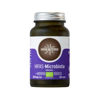 HIFAS-Microbiota supplement bottle, 60 capsules, 604 mg each, organic certification label.