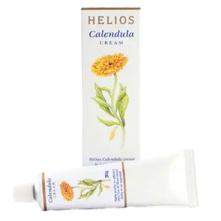 Helios Calendula Cream box and tube with flower illustration.