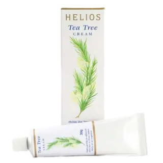 Helios Tea Tree Cream box and tube, 30g, with green leaf design.