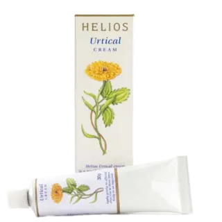 Helios Urtical Cream box and tube with yellow flower illustration.