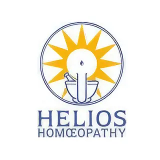 Sun and mortar logo with text: Helios Homœopathy.