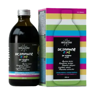 Dr. Immune Five for children, 250ml bottle and box with colourful stripes. Contains prebiotics.
