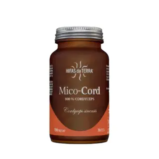 Hifas da Terra Mico-Cord supplement bottle, 100% Cordyceps, 70 capsules, 790 mg each.