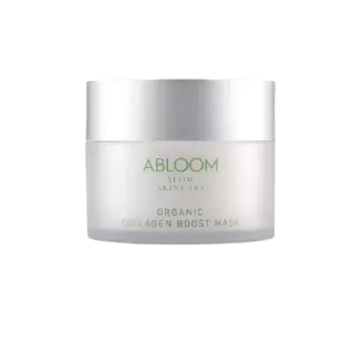 Abloom Organic Collagen Boost Mask in a white jar with green text.