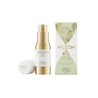 Abloom Organic Eye Cream, 15ml bottle and box, labelled slow skincare, wild harvested, 100% vegan.