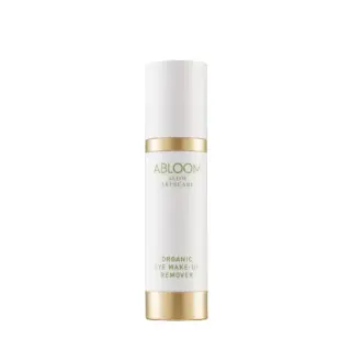 White bottle with gold accents labelled "Abloom Slow Skincare Organic Eye Make-up Remover".