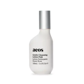 White bottle of aeos Gentle Cleansing Lotion Pink, 100ml, with silver cap.
