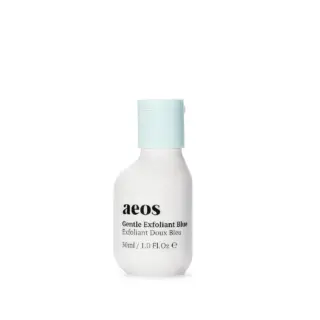 White bottle with blue cap labelled "aeos Gentle Exfoliant Blue, 30ml".