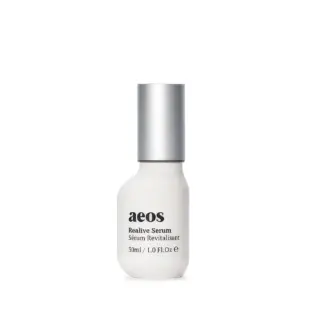 White bottle of aeos Realive Serum, 30ml, with a silver cap.