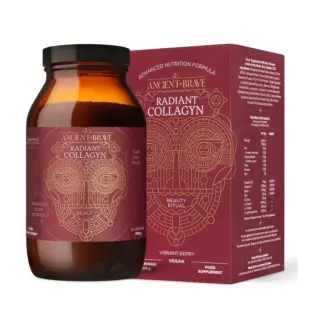 Brown jar and box of Radiant Collagyn supplement, vibrant berry flavour, vegan, 200g.