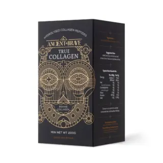 Black box of Ancient + Brave True Collagen, 200g, with gold geometric design.