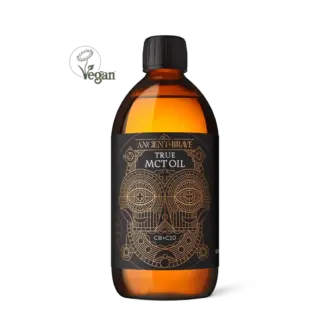 Amber bottle of Ancient + Brave True MCT Oil with vegan logo.