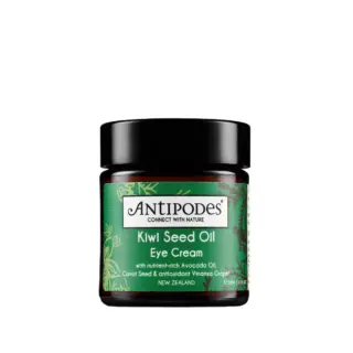 Antipodes Kiwi Seed Oil Eye Cream jar with green label, 30ml.