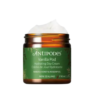 Antipodes Vanilla Pod Hydrating Day Cream jar, 60ml, with Manuka honey and rosehip oil.