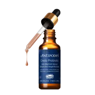 Antipodes Credo Probiotic Anti-Blemish Serum with dropper, 30ml bottle, vegan approved.
