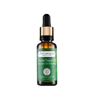 Antipodes Divine Face Oil with avocado and rosehip in a brown glass bottle with dropper.