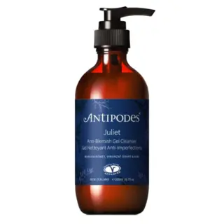 Antipodes Juliet Anti-Blemish Gel Cleanser, 200ml bottle with pump dispenser.