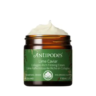Antipodes Lime Caviar Collagen-Rich Firming Cream, 60ml jar, brown with green label.