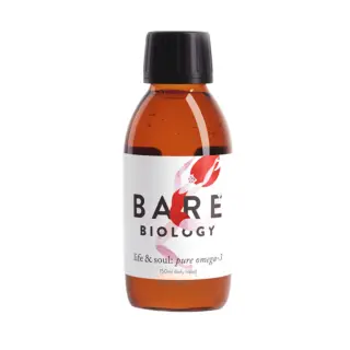 Brown bottle of Bare Biology omega-3 liquid, 150ml, with black cap.