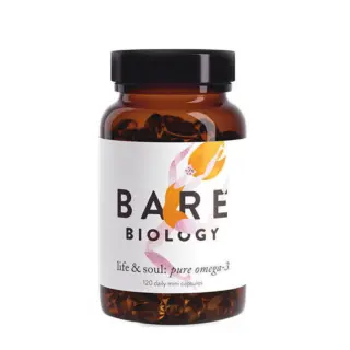 Bare Biology omega-3 capsules, 120 count, in a brown bottle with a black lid.