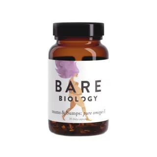 Bare Biology mums & bumps omega-3 capsules, 30 count, in amber bottle.