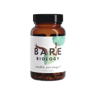 Bare Biology omega-3 capsules, 30 count, in amber bottle with illustrated label.