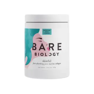Bare Biology Skinful marine collagen powder, 300g, with illustrated face on label.