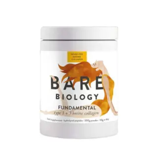 Bare Biology Fundamental collagen supplement, 300g, with illustrated figure on label.