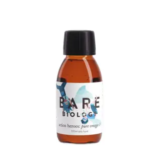 Brown bottle of Bare Biology omega-3 liquid, 100ml, with black cap and illustrated label.