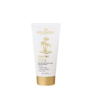 Eco by Sonya Glory Veil SPF 50+ sunscreen, 150ml tube with gold cap.