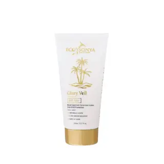 Eco by Sonya Glory Veil SPF 50+ sunscreen, 150ml tube with gold cap.
