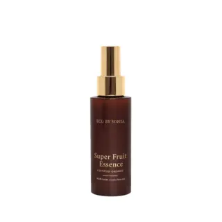 Brown bottle with gold cap labelled "Eco by Sonya Super Fruit Essence".