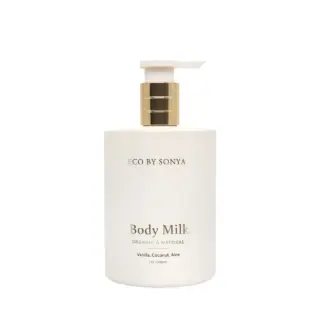 Eco by Sonya Body Milk bottle with pump, vanilla, coconut, aloe.
