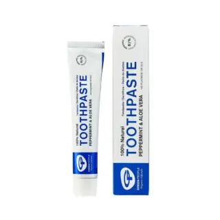 Toothpaste tube and box, peppermint and aloe vera, 100% natural, no fluoride or SLS.