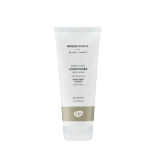 Green People scent-free conditioner tube, aloe vera and olive, 91% organic.