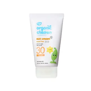 Organic Children SPF 30 sun cream, scent free, for sensitive skin. Aloe vera, chamomile, edelweiss.